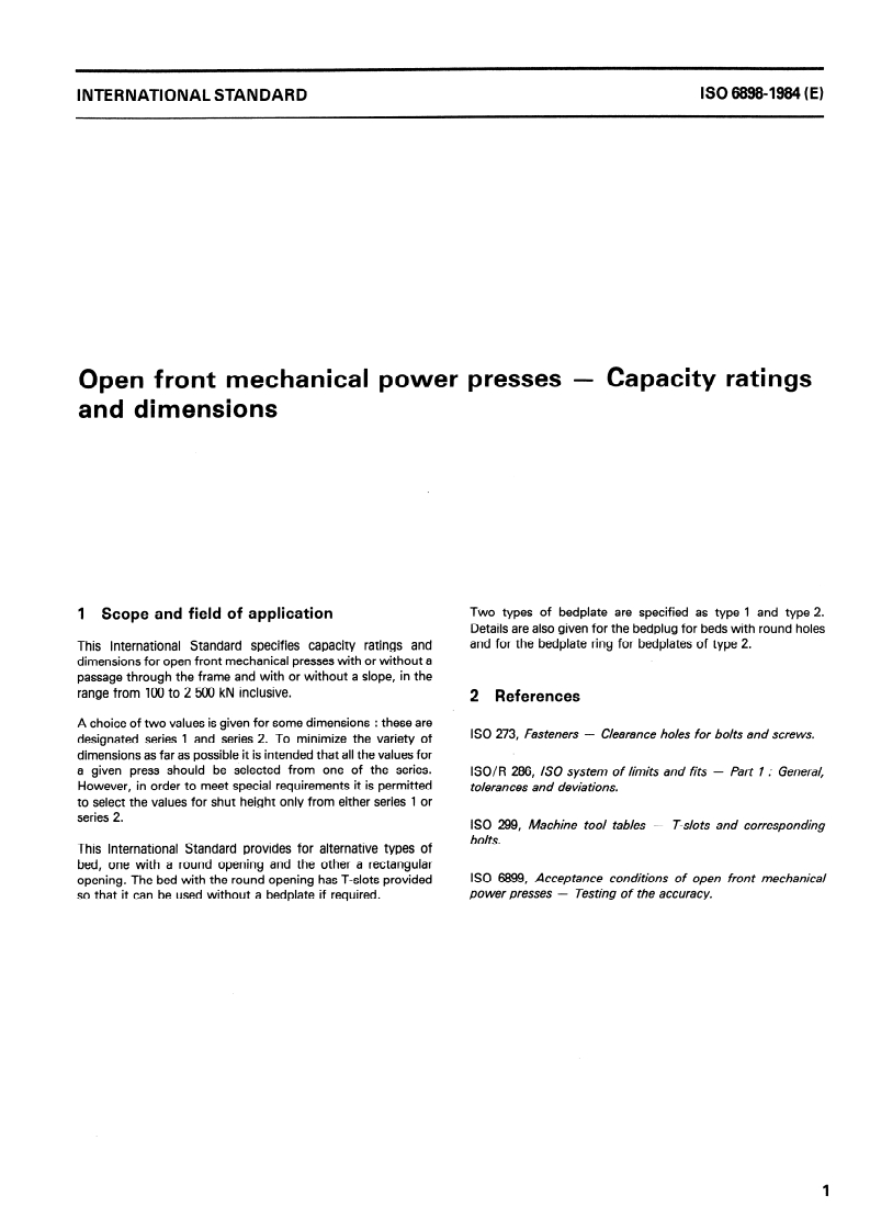 ISO 6898:1984 ISO 6898:1984 - Open front mechanical power presses — Capacity ratings and dimensions/1/1984 - Page 3 preview
