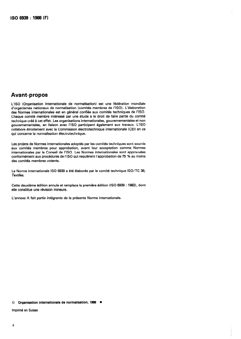 ISO 6939:1988 ISO 6939:1988 - Textiles — Fils sur enroulements — Détermination de la résistance de rupture d'un fil par la méthode de l'échevette/20/1988 - Page 2 preview