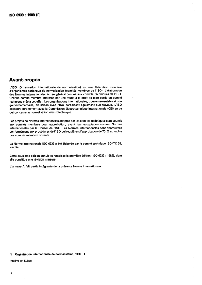 ISO 6939:1988 ISO 6939:1988 - Textiles — Fils sur enroulements — Détermination de la résistance de rupture d'un fil par la méthode de l'échevette/20/1988 - Page 2 preview
