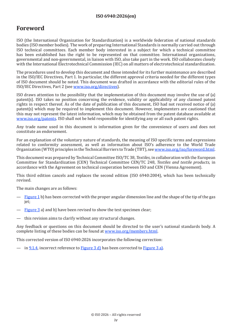 ISO 6940:2026 ISO 6940:2026 - Textile fabrics — Burning behaviour — Determination of ease of ignition of vertically oriented specimens - Page 4 preview
