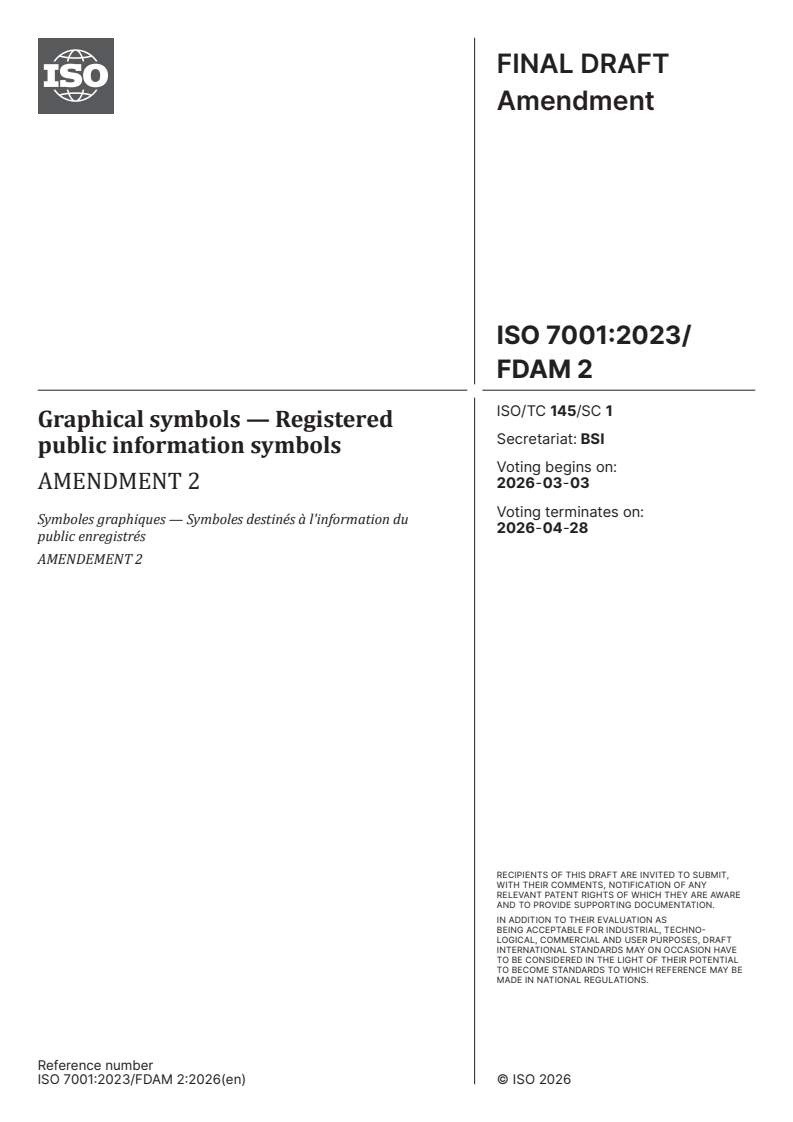 ISO 7001:2023/FDAmd 2 - Graphical symbols — Registered public information symbols — Amendment 2 - Page 1 preview
