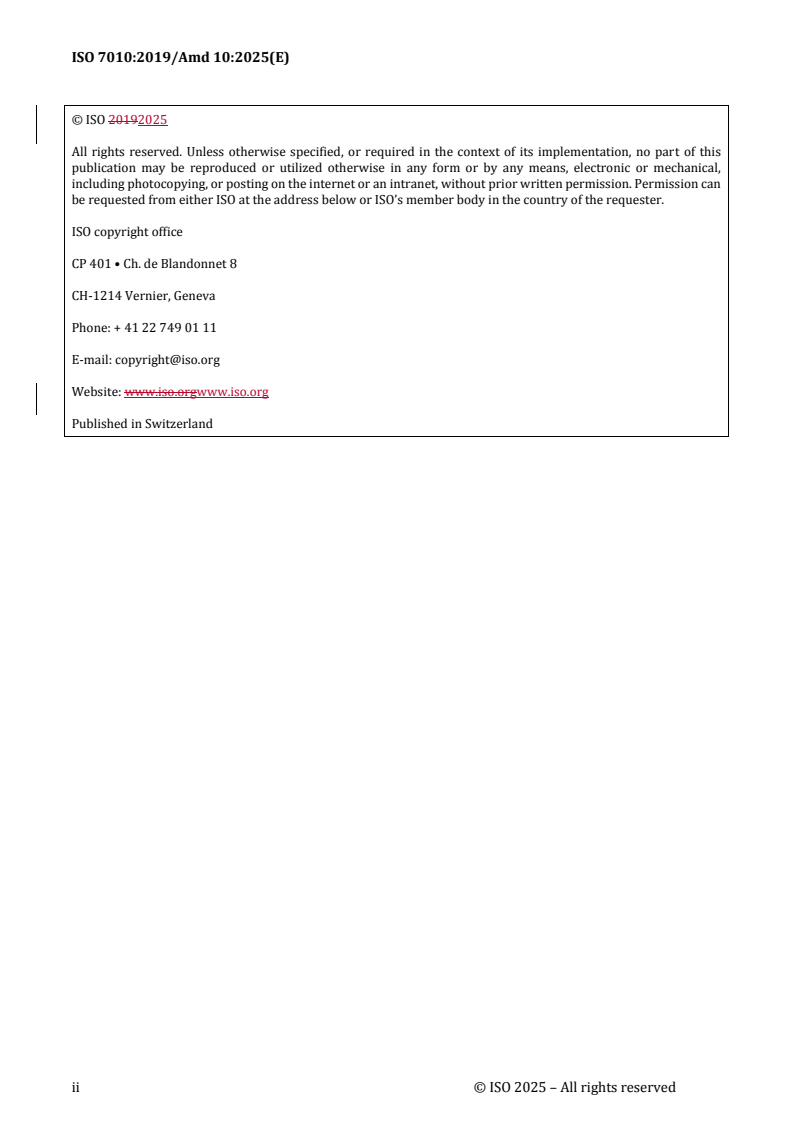 REDLINE ISO 7010:2019/PRF Amd 10 - Graphical symbols — Safety colours and safety signs — Registered safety signs — Amendment 10
Released:4. 06. 2025