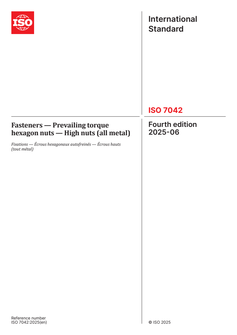ISO 7042:2025 - Fasteners — Prevailing torque hexagon nuts — High nuts (all metal)
Released:12. 06. 2025