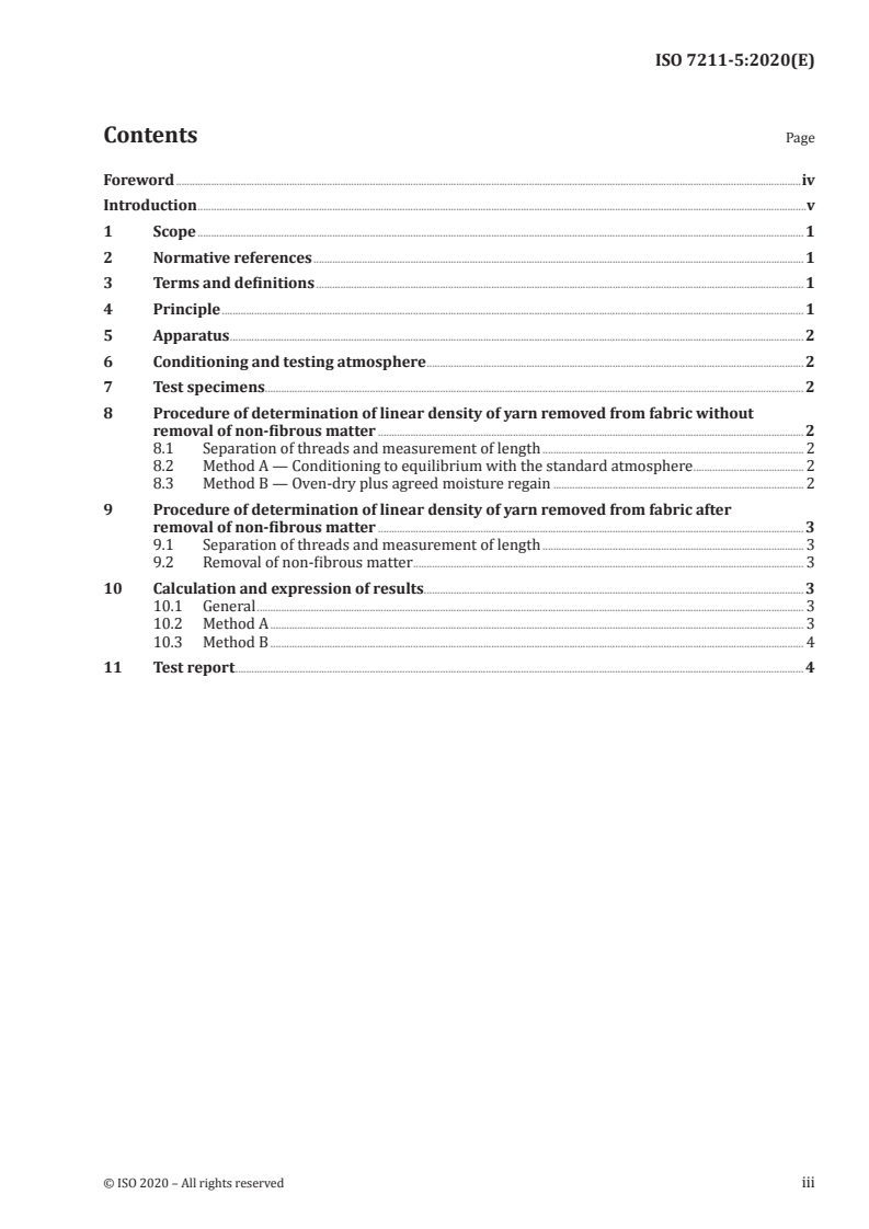 ISO 7211-5:2020 ISO 7211-5:2020 - Textiles — Methods for analysis of woven fabrics construction — Part 5: Determination of linear density of yarn removed from fabric/14/2020 - Page 3 preview