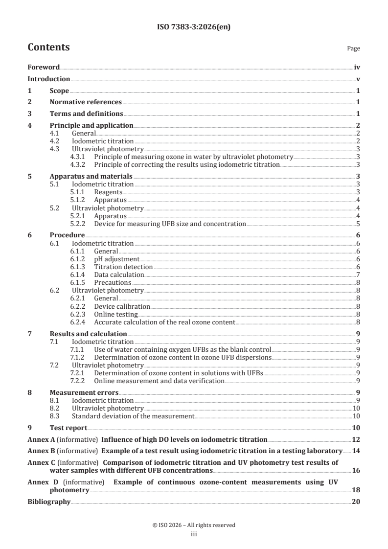 ISO 7383-3:2026 ISO 7383-3:2026 - Fine bubble technology — Evaluation method for determining gas content in fine bubble dispersions in water — Part 3: Ozone content - Page 3 preview