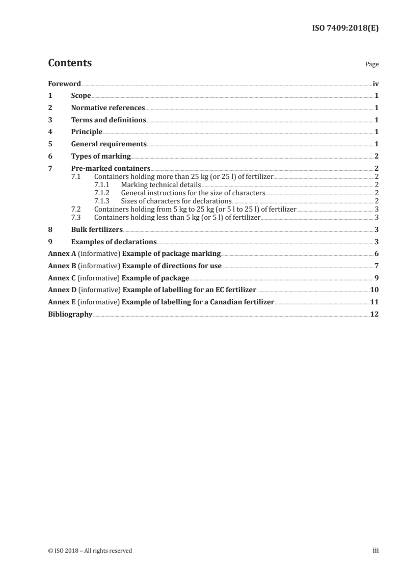 ISO 7409:2018 ISO 7409:2018 - Fertilizers — Marking — Presentation and declarations/9/2018 - Page 3 preview