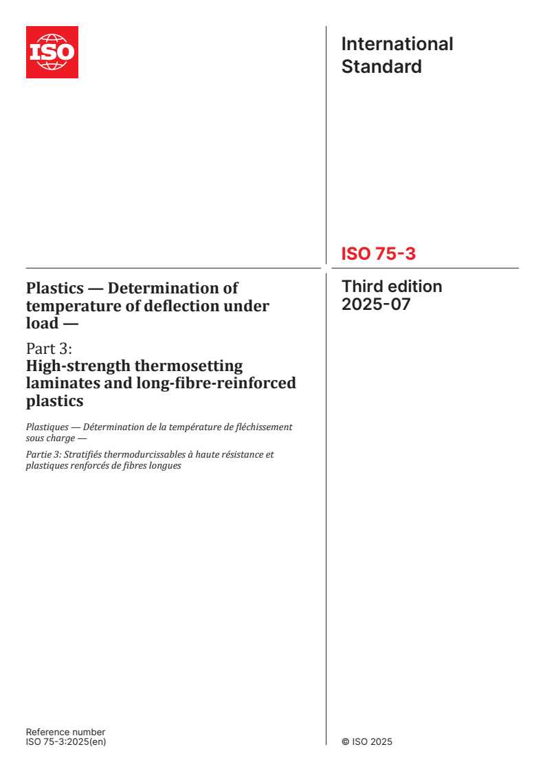 ISO 75-3:2025 - Plastics — Determination of temperature of deflection under load — Part 3: High-strength thermosetting laminates and long-fibre-reinforced plastics
Released:25. 07. 2025