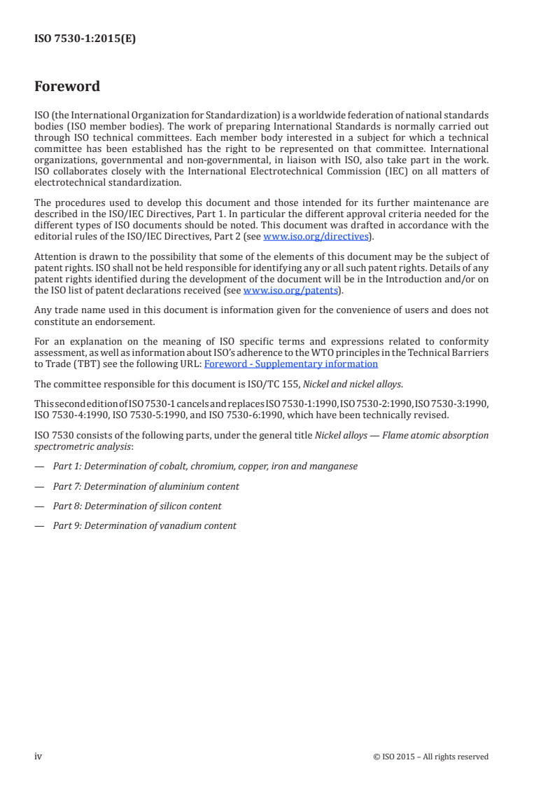 ISO 7530-1:2015 ISO 7530-1:2015 - Nickel alloys — Flame atomic absorption spectrometric analysis — Part 1: Determination of cobalt, chromium, copper, iron and manganese/18/2015 - Page 4 preview