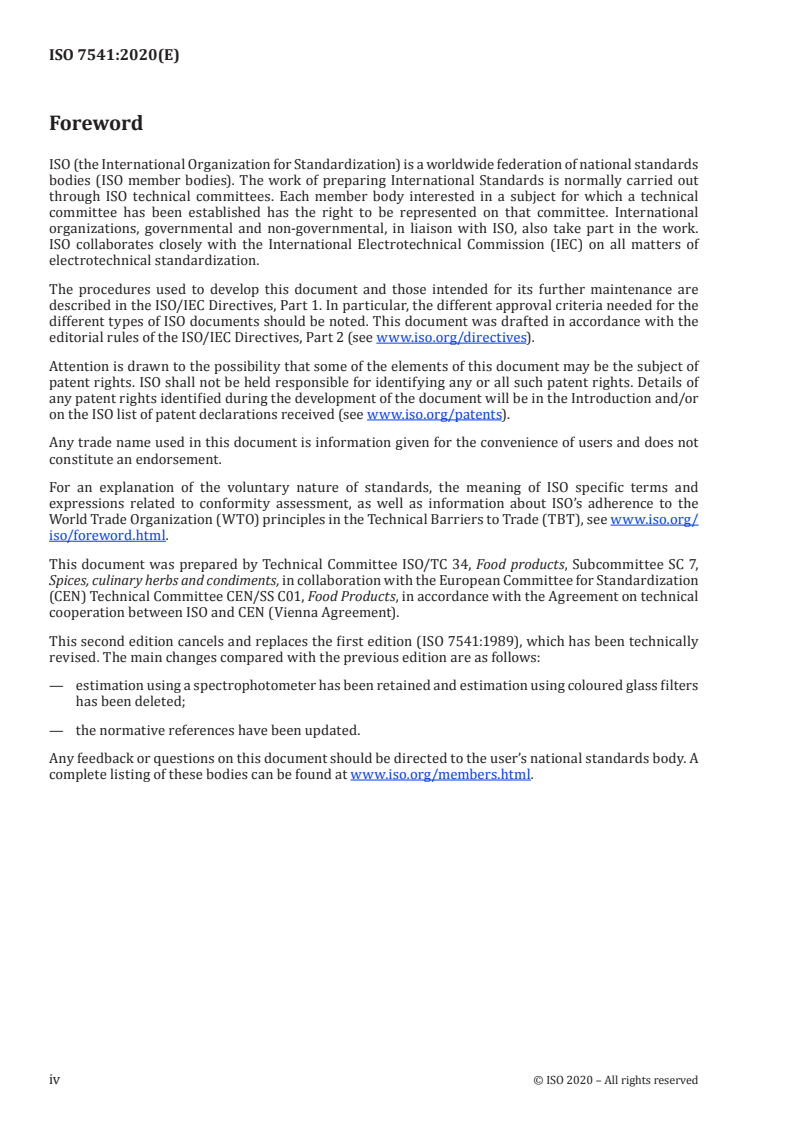 ISO 7541:2020 ISO 7541:2020 - Spices and condiments — Spectrophotometric determination of the extractable colour in paprika/23/2020 - Page 4 preview