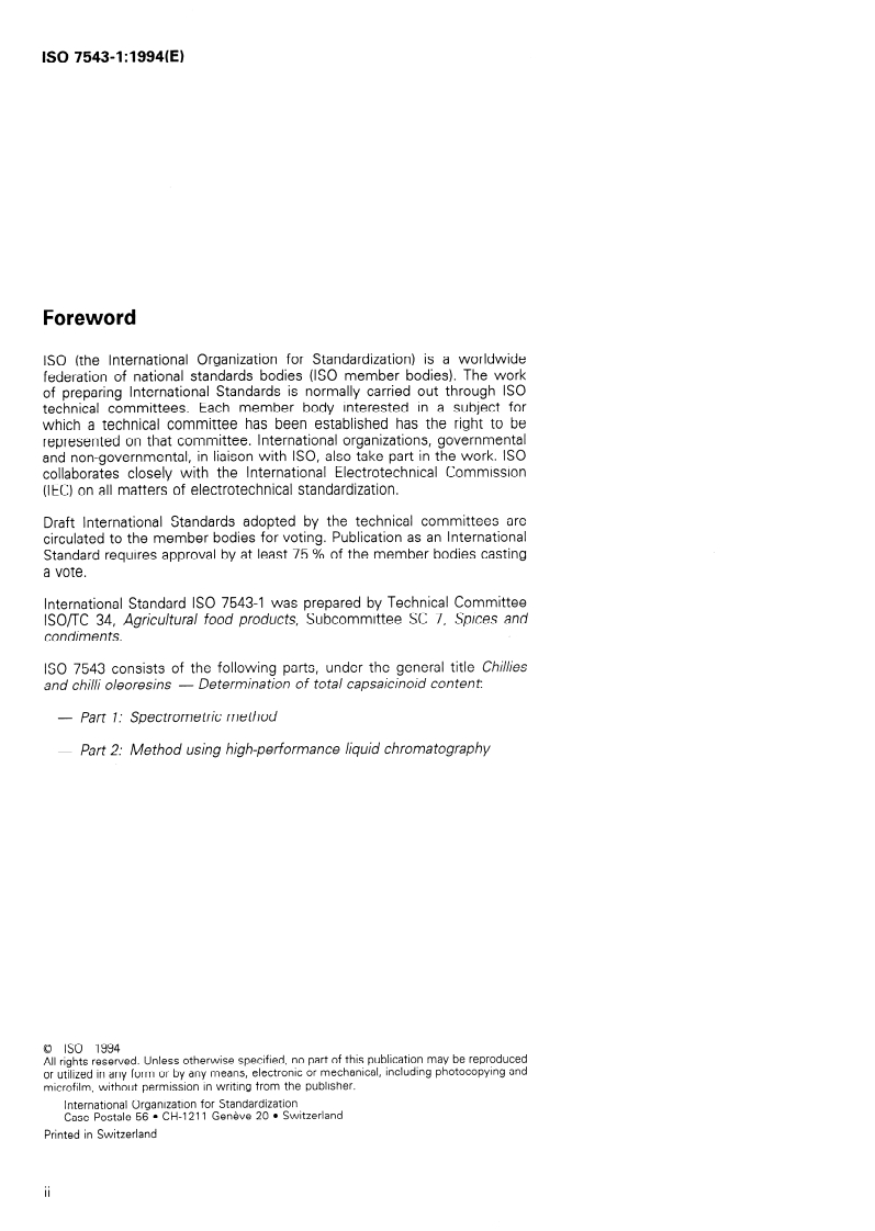ISO 7543-1:1994 ISO 7543-1:1994 - Chillies and chilli oleoresins — Determination of total capsaicinoid content — Part 1: Spectrometric method/15/1994 - Page 2 preview