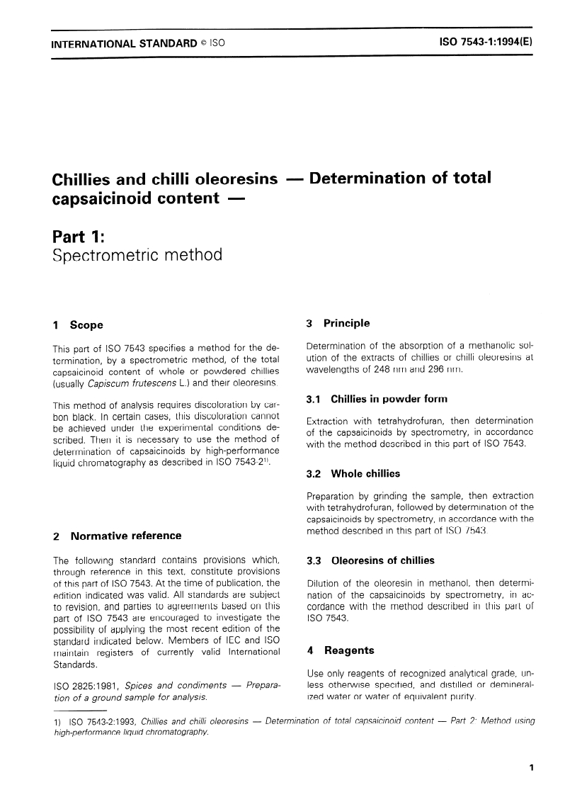 ISO 7543-1:1994 ISO 7543-1:1994 - Chillies and chilli oleoresins — Determination of total capsaicinoid content — Part 1: Spectrometric method/15/1994 - Page 3 preview