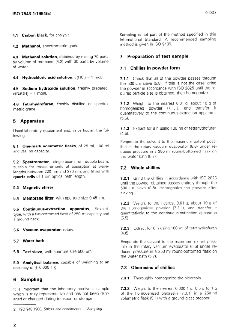 ISO 7543-1:1994 ISO 7543-1:1994 - Chillies and chilli oleoresins — Determination of total capsaicinoid content — Part 1: Spectrometric method/15/1994 - Page 4 preview