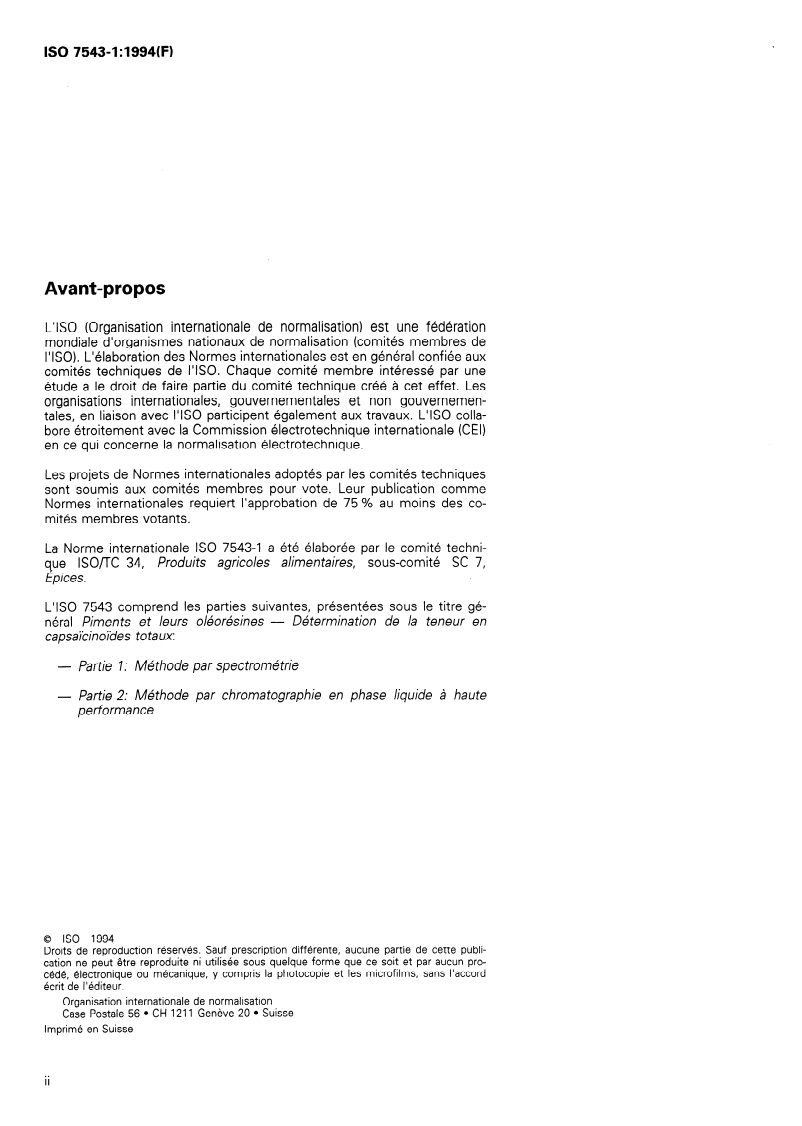 ISO 7543-1:1994 ISO 7543-1:1994 - Piments et leurs oléorésines — Détermination de la teneur en capsaïcinoïdes totaux — Partie 1: Méthode par spectrométrie/15/1994 - Page 2 preview