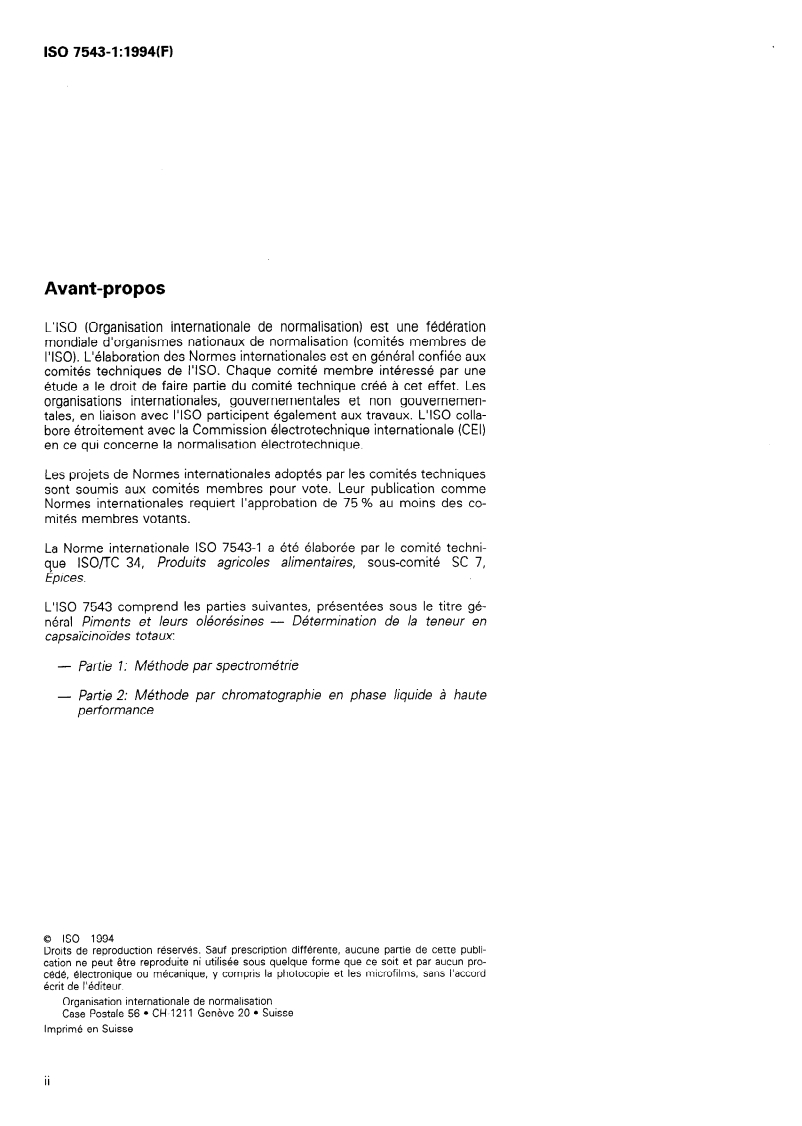 ISO 7543-1:1994 ISO 7543-1:1994 - Piments et leurs oléorésines — Détermination de la teneur en capsaïcinoïdes totaux — Partie 1: Méthode par spectrométrie/15/1994 - Page 2 preview