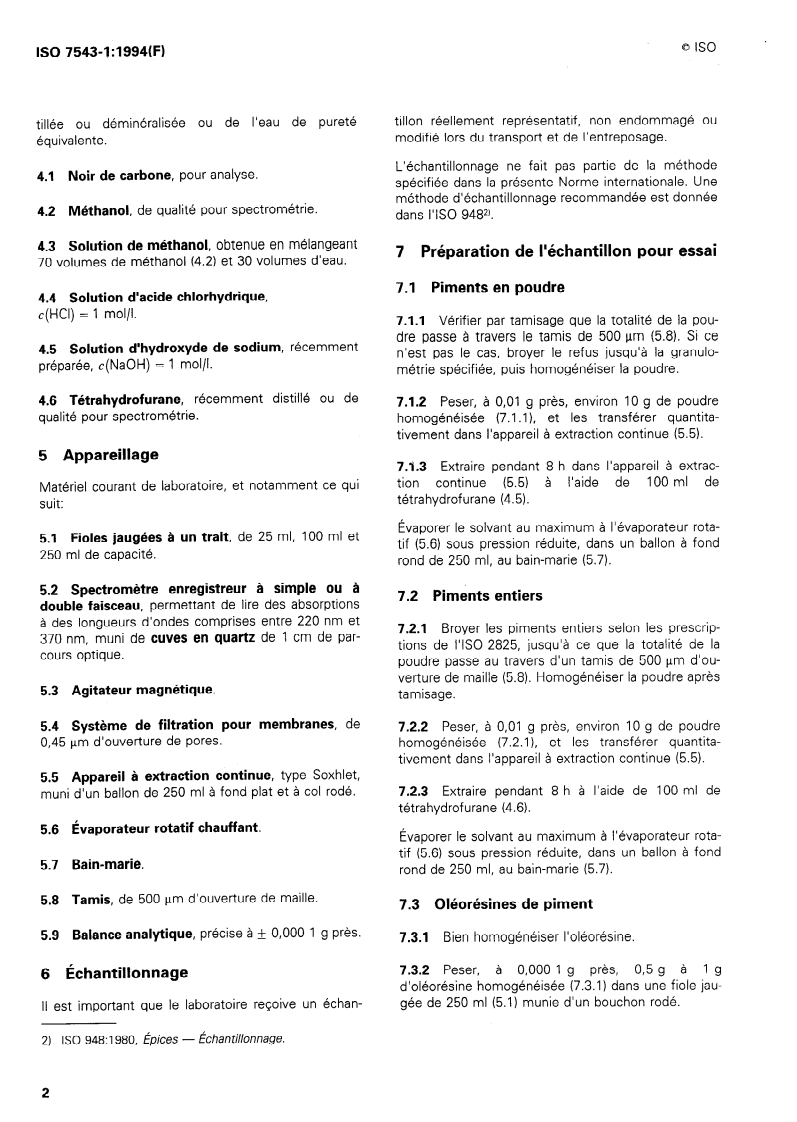 ISO 7543-1:1994 ISO 7543-1:1994 - Piments et leurs oléorésines — Détermination de la teneur en capsaïcinoïdes totaux — Partie 1: Méthode par spectrométrie/15/1994 - Page 4 preview