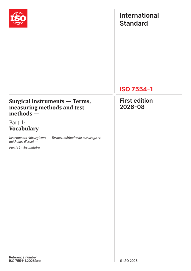 ISO 7554-1:2026 ISO 7554-1:2026 - Surgical instruments — Terms, measuring methods and test methods — Part 1: Vocabulary - Page 1 preview