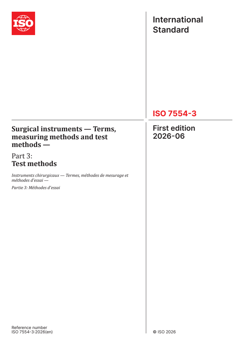 ISO 7554-3:2026 ISO 7554-3:2026 - Surgical instruments — Terms, measuring methods and test methods — Part 3: Test methods - Page 1 preview