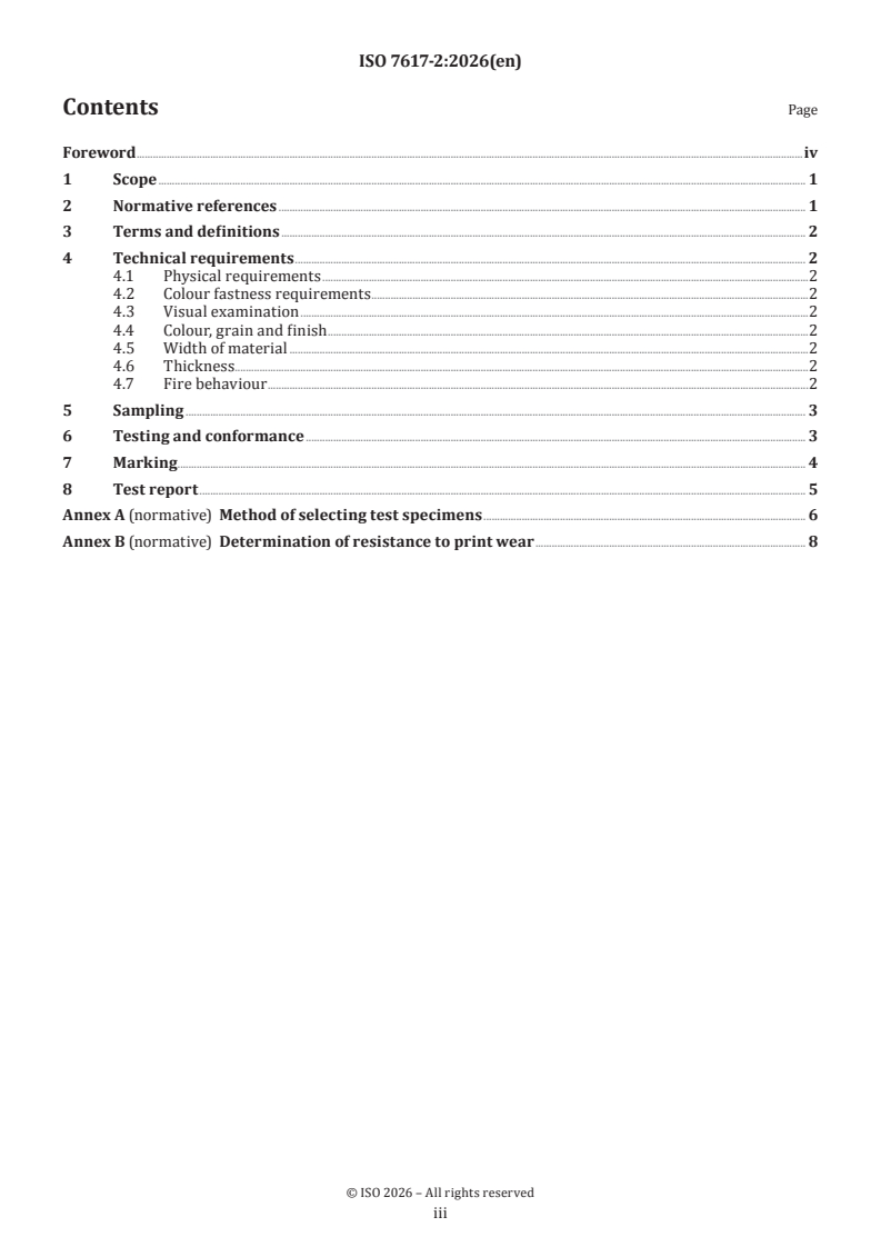 ISO 7617-2:2026 ISO 7617-2:2026 - Plastics-coated fabrics for upholstery — Part 2: Specification for PVC-coated woven fabrics - Page 3 preview
