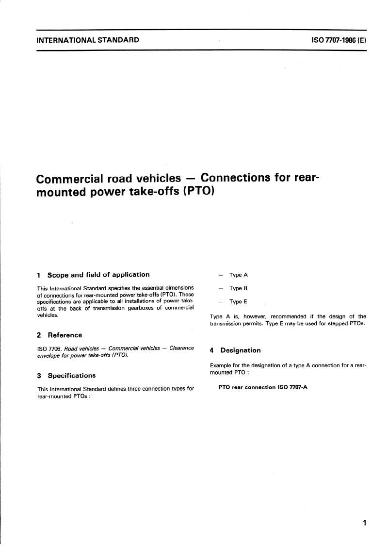 ISO 7707:1986 ISO 7707:1986 - Commercial road vehicles — Connections for rear-mounted power take-offs (PTO)/16/1986 - Page 3 preview