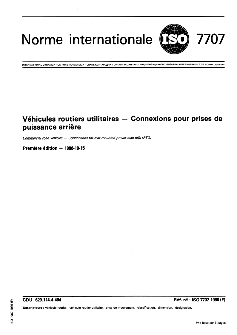 ISO 7707:1986 ISO 7707:1986 - Véhicules routiers utilitaires — Connexions pour prises de puissance arrière/16/1986 - Page 1 preview