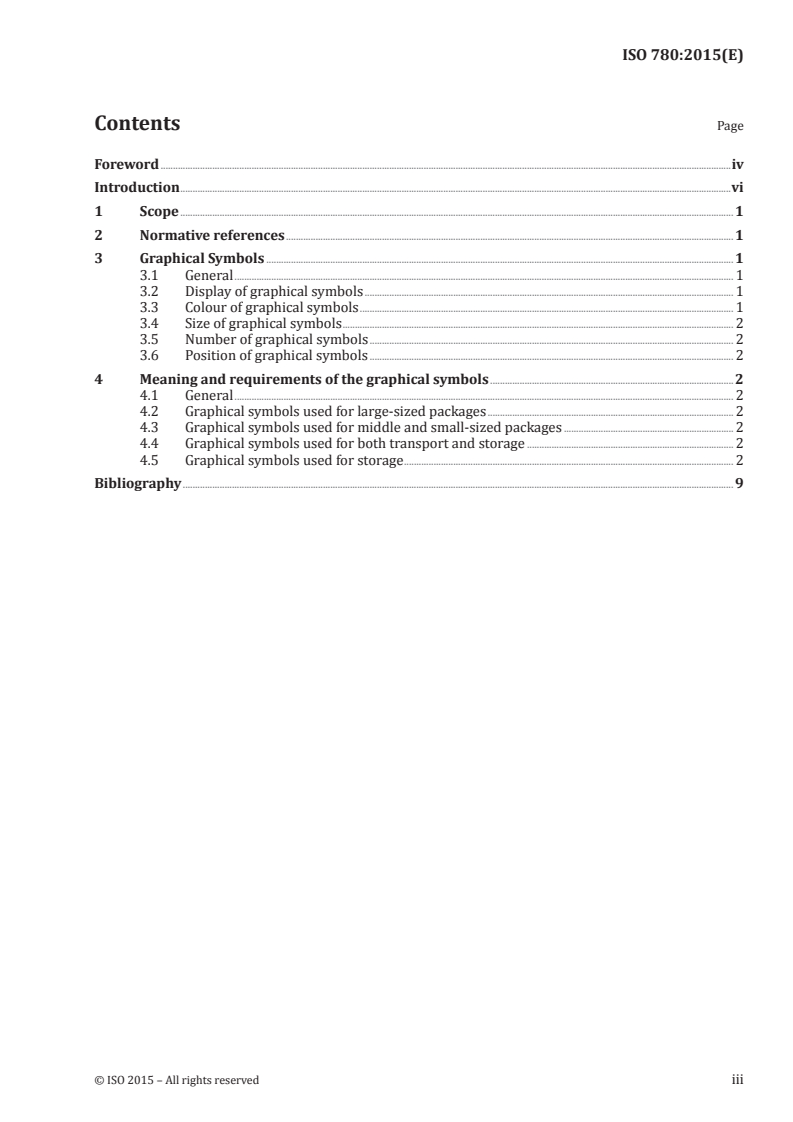 ISO 780:2015 ISO 780:2015 - Packaging — Distribution packaging — Graphical symbols for handling and storage of packages/18/2015 - Page 3 preview