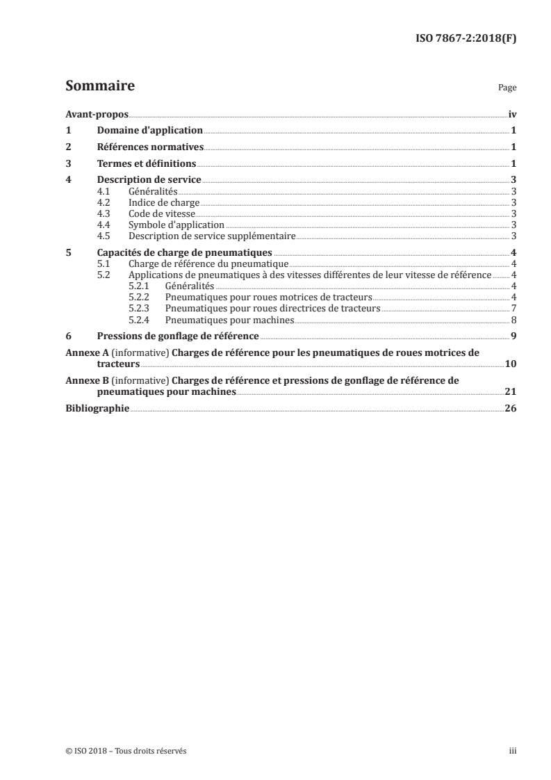 ISO 7867-2:2018 ISO 7867-2:2018 - Pneumatiques de la série millimétrique pour machines agricoles, engins forestiers et engins de construction — Partie 2: Capacités de charge de pneumatiques pour machines agricoles/25/2018 - Page 3 preview