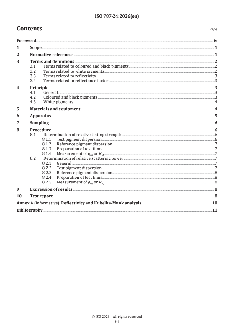 ISO 787-24:2026 ISO 787-24:2026 - General methods of test for pigments and extenders — Part 24: Photometric methods for determining the relative tinting strength of coloured pigments and the relative scattering power of white pigments - Page 3 preview