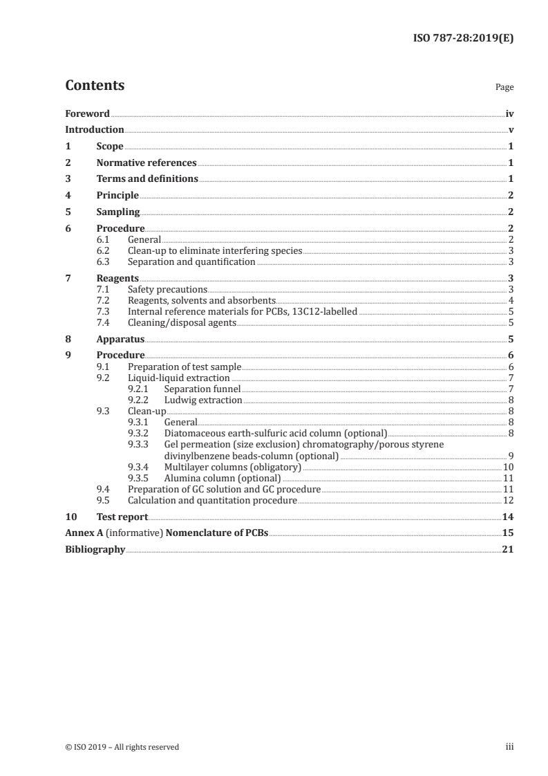 ISO 787-28:2019 ISO 787-28:2019 - General methods of tests for pigments and extenders — Part 28: Determination of total content of polychlorinated biphenyls (PCB) by dissolution, cleanup and GC-MS/10/2019 - Page 3 preview