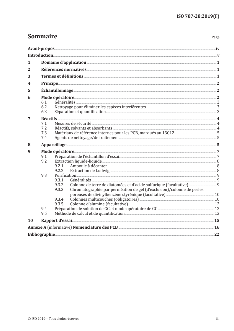 ISO 787-28:2019 ISO 787-28:2019 - Méthodes générales d'essai des pigments et matières de charge — Partie 28: Détermination de la teneur totale en biphényles polychlorés (PCB) par dissolution, purification et GC/MS/28/2020 - Page 3 preview
