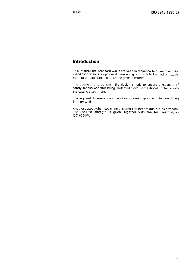 ISO 7918:1995 ISO 7918:1995 - Forestry machinery — Portable brush-cutters and grass-trimmers — Cutting attachment guard dimensions/5/1995 - Page 3 preview