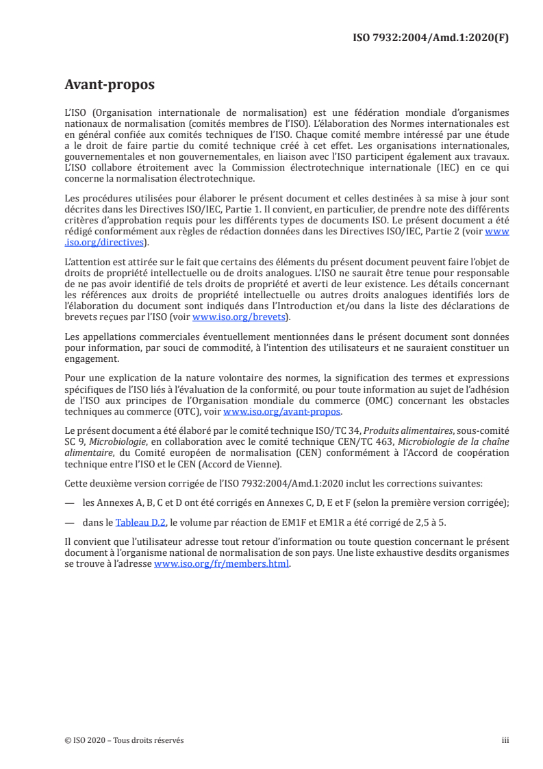 ISO 7932:2004/Amd 1:2020 ISO 7932:2004/Amd 1:2020 - Microbiologie des aliments — Méthode horizontale pour le dénombrement de Bacillus cereus présomptifs — Technique par comptage des colonies à 30 degrés C — Amendement 1: Ajout de tests optionnels/5/2020 - Page 3 preview