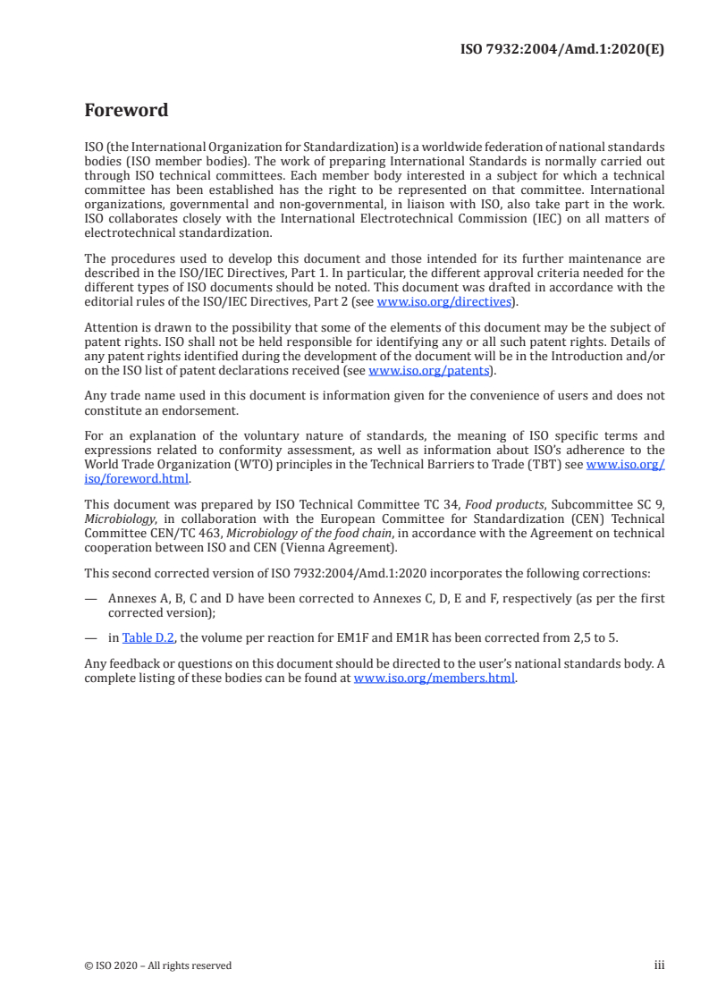 ISO 7932:2004/Amd 1:2020 ISO 7932:2004/Amd 1:2020 - Microbiology of food and animal feeding stuffs — Horizontal method for the enumeration of presumptive Bacillus cereus — Colony-count technique at 30 degrees C — Amendment 1: Inclusion of optional tests/5/2020 - Page 3 preview