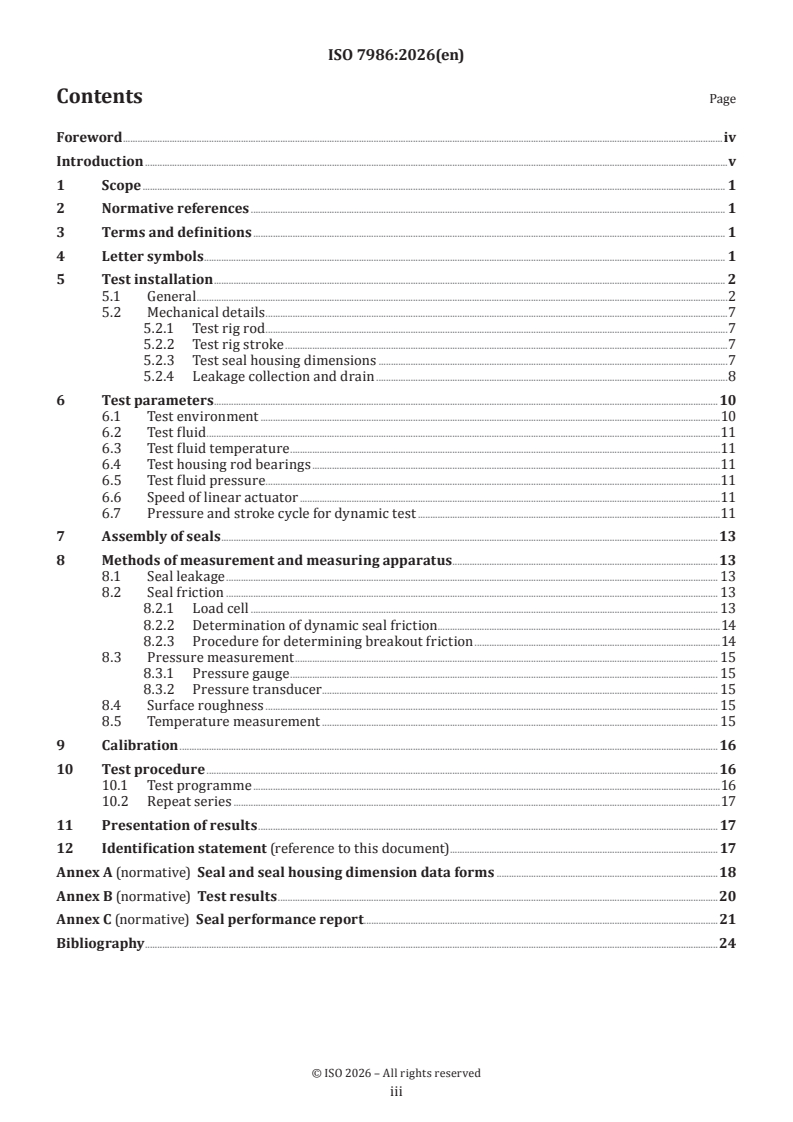 ISO 7986:2026 ISO 7986:2026 - Hydraulic fluid power — Sealing devices — Standard test methods to assess the performance of rod seals used in oil hydraulic reciprocating applications - Page 3 preview