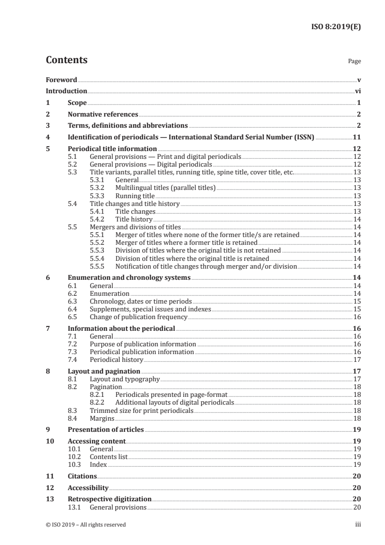 ISO 8:2019 ISO 8:2019 - Information and documentation — Presentation and identification of periodicals/1/2019 - Page 3 preview