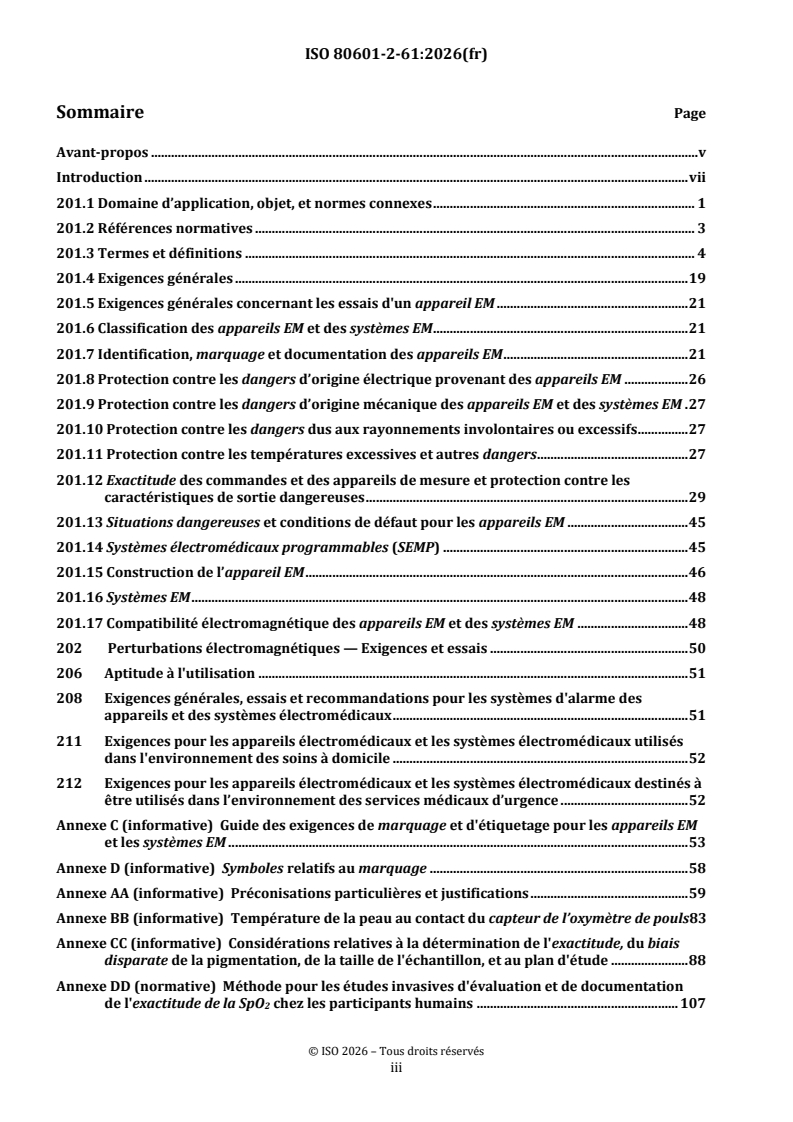 ISO 80601-2-61:2026 ISO 80601-2-61:2026 - Appareils électromédicaux — Partie 2-61: Exigences particulières pour la sécurité de base et les performances essentielles pour les oxymètres de pouls - Page 3 preview
