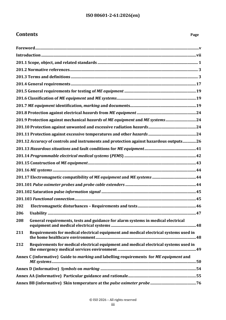 ISO 80601-2-61:2026 ISO 80601-2-61:2026 - Medical electrical equipment — Part 2-61: Particular requirements for basic safety and essential performance of pulse oximeter equipment - Page 4 preview