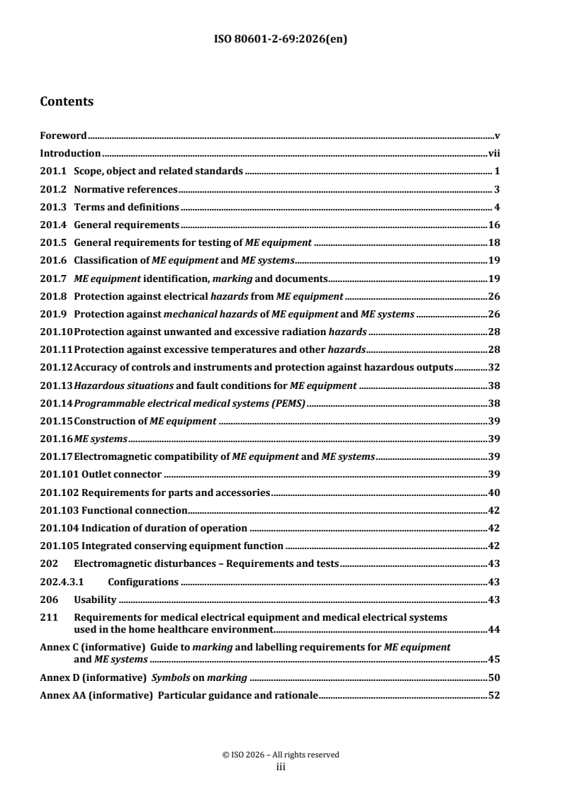 ISO 80601-2-69:2026 ISO 80601-2-69:2026 - Medical electrical equipment — Part 2-69: Particular requirements for the basic safety and essential performance of oxygen concentrator equipment - Page 3 preview