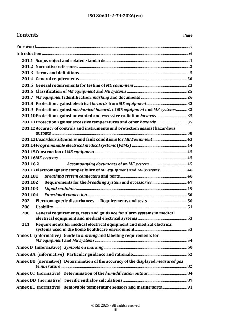 ISO 80601-2-74:2026 ISO 80601-2-74:2026 - Medical electrical equipment — Part 2-74: Particular requirements for basic safety and essential performance of respiratory humidifying equipment - Page 3 preview