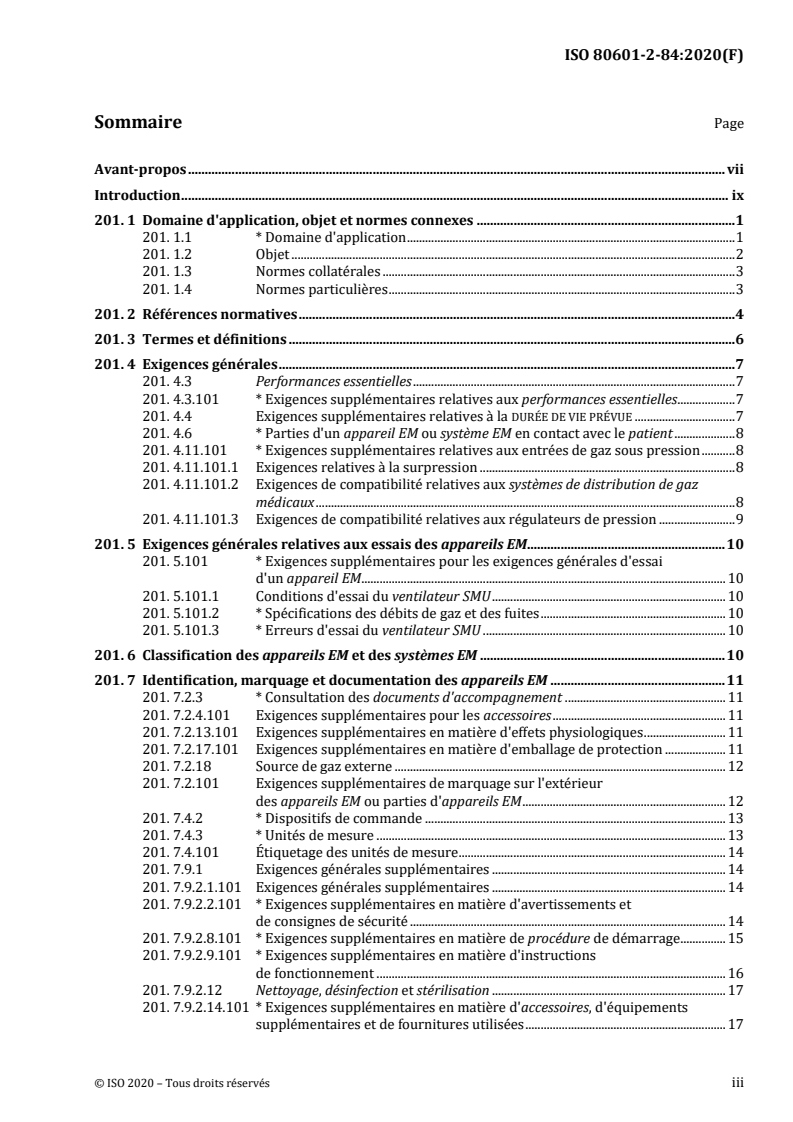 ISO 80601-2-84:2020 ISO 80601-2-84:2020 - Appareils électromédicaux — Partie 2-84: Exigences particulières relatives à la sécurité de base et aux performances essentielles des ventilateurs utilisés dans l'environnement des services médicaux d'urgence
Released:7/21/2020 - Page 3 preview