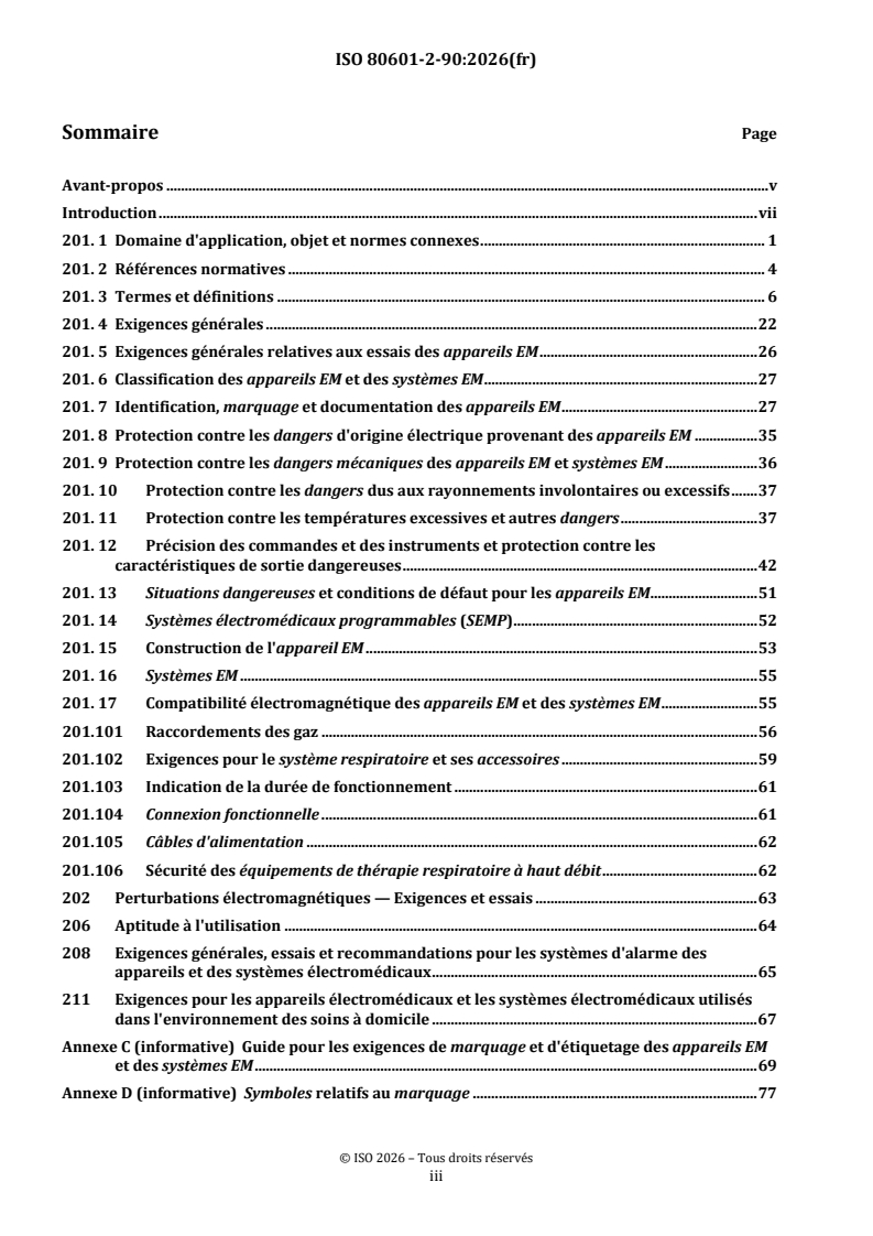 ISO 80601-2-90:2026 ISO 80601-2-90:2026 - Appareils électromédicaux — Partie 2-90: Exigences particulières pour la sécurité de base et les performances essentielles des équipements de thérapie respiratoire à haut débit - Page 3 preview