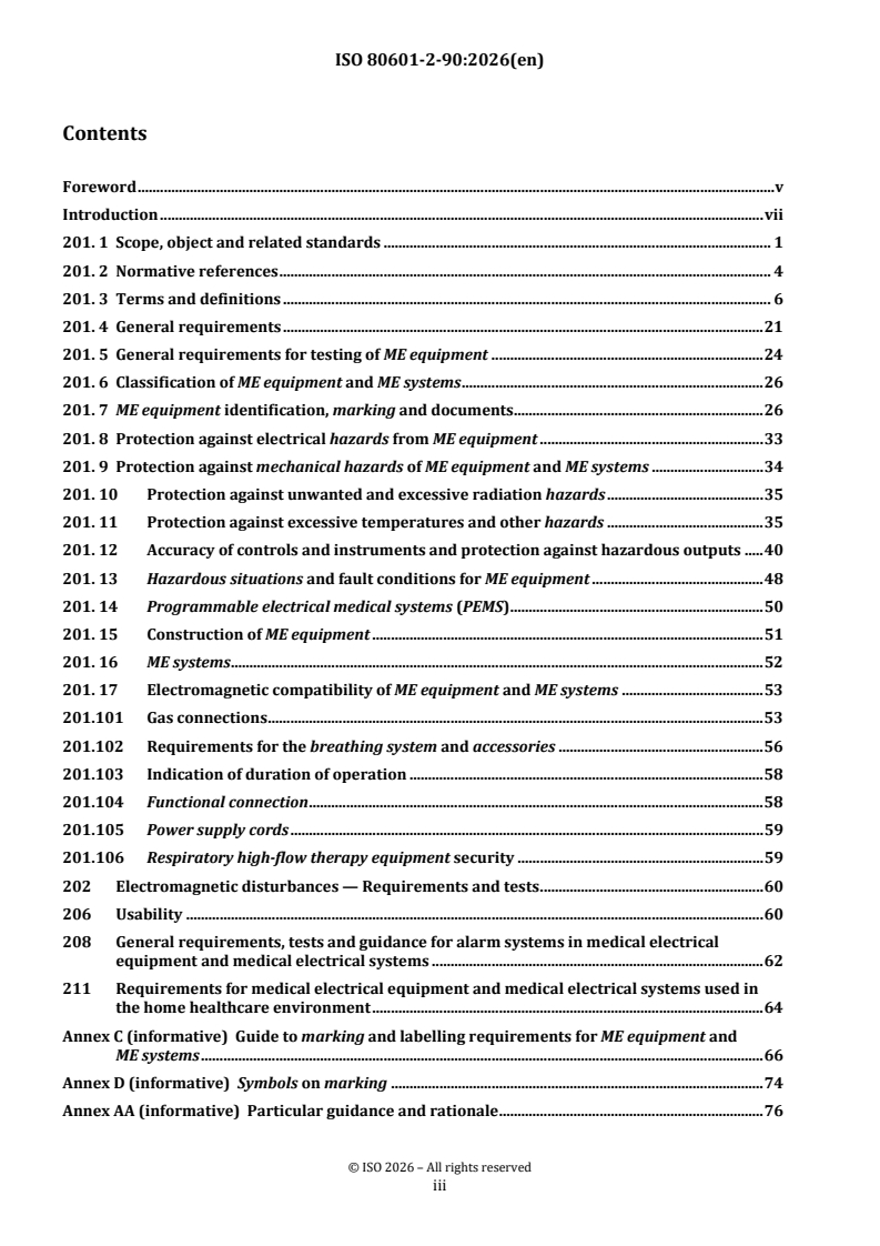 ISO 80601-2-90:2026 ISO 80601-2-90:2026 - Medical electrical equipment — Part 2-90: Particular requirements for basic safety and essential performance of respiratory high-flow therapy equipment - Page 3 preview