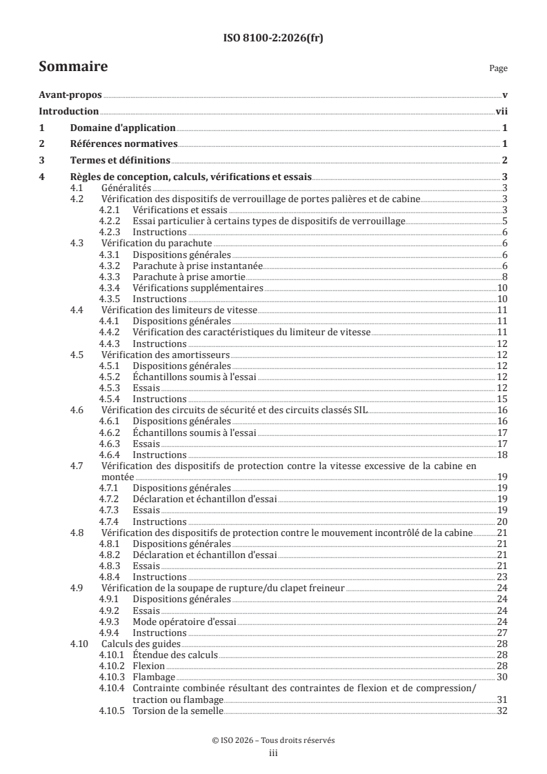 ISO 8100-2:2026 ISO 8100-2:2026 - Ascenseurs pour le transport de personnes et d'objets — Partie 2: Règles de conception, calculs, vérifications et essais des composants pour ascenseurs - Page 3 preview