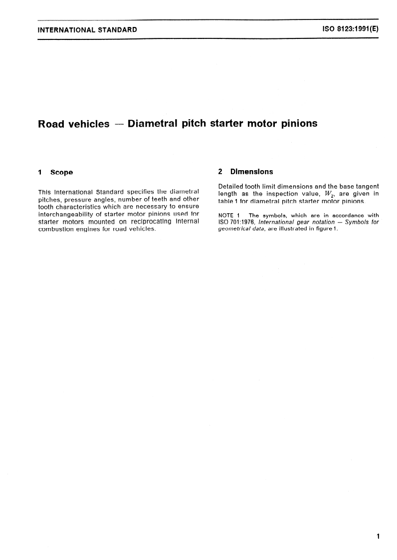 ISO 8123:1991 ISO 8123:1991 - Road vehicles — Diametral pitch starter motor pinions/25/1991 - Page 3 preview