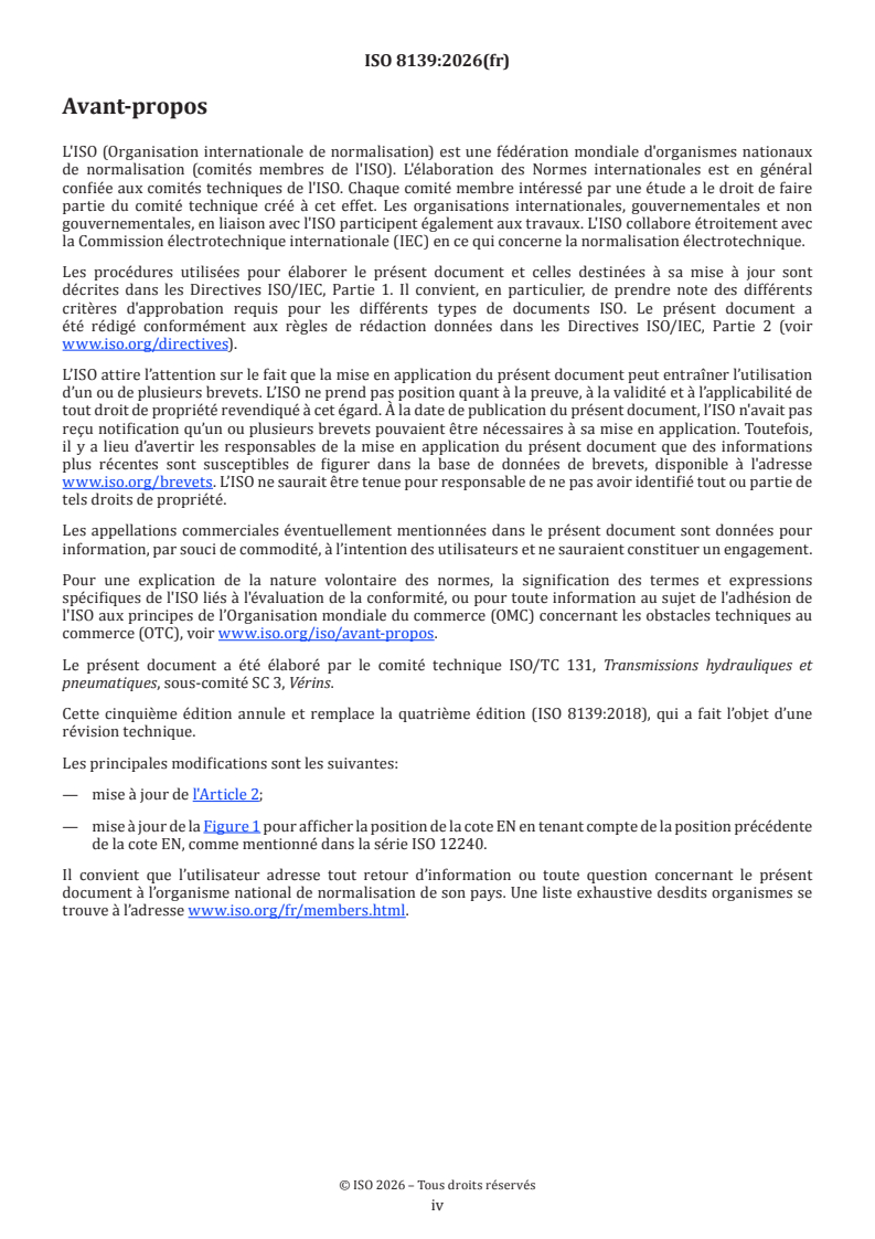 ISO 8139:2026 ISO 8139:2026 - Transmissions pneumatiques — Vérins, série 1 000 kPa (10 bar) — Dimensions d'interchangeabilité des tenons à rotule d'extrémité de tige - Page 4 preview