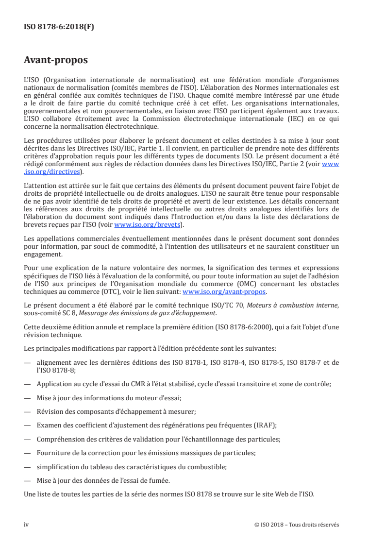 ISO 8178-6:2018 ISO 8178-6:2018 - Moteurs alternatifs à combustion interne — Mesurage des émissions de gaz d'échappement — Partie 6: Rapport de mesure et d'essai/22/2018 - Page 4 preview