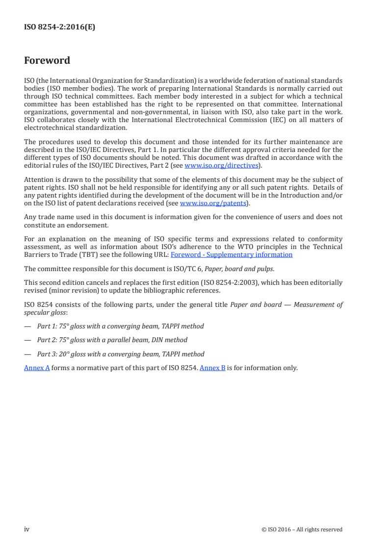 ISO 8254-2:2016 ISO 8254-2:2016 - Paper and board — Measurement of specular gloss — Part 2: 75 degree gloss with a parallel beam, DIN method/30/2016 - Page 4 preview