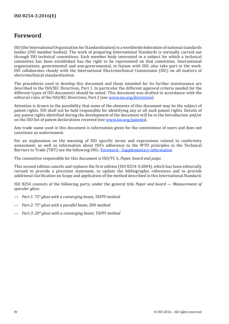 ISO 8254-3:2016 ISO 8254-3:2016 - Paper and board — Measurement of specular gloss — Part 3: 20 degree gloss with a converging beam, TAPPI method/6/2016 - Page 4 preview