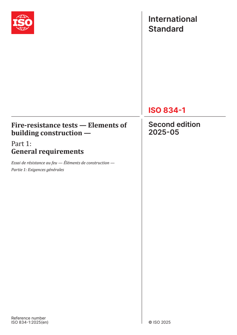 ISO 834-1:2025 - Fire-resistance tests — Elements of building construction — Part 1: General requirements
Released:30. 05. 2025
