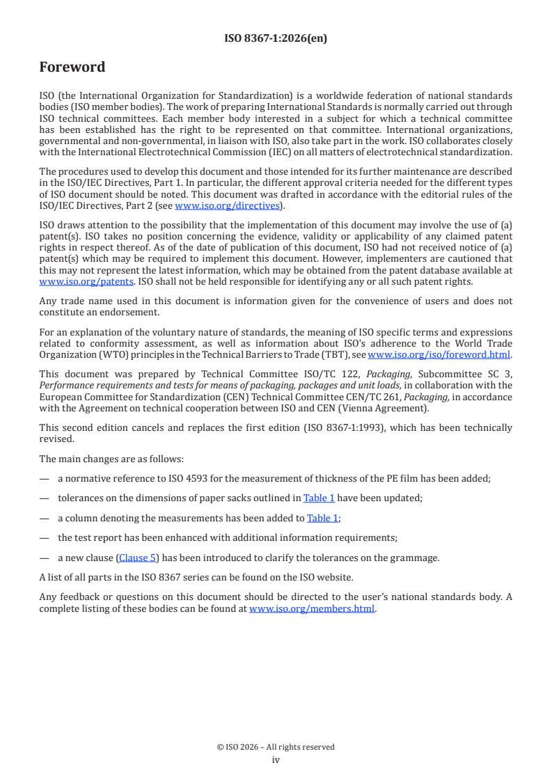 ISO 8367-1:2026 ISO 8367-1:2026 - Packaging — Dimensional tolerances for general purpose sacks — Part 1: Paper sacks - Page 4 preview