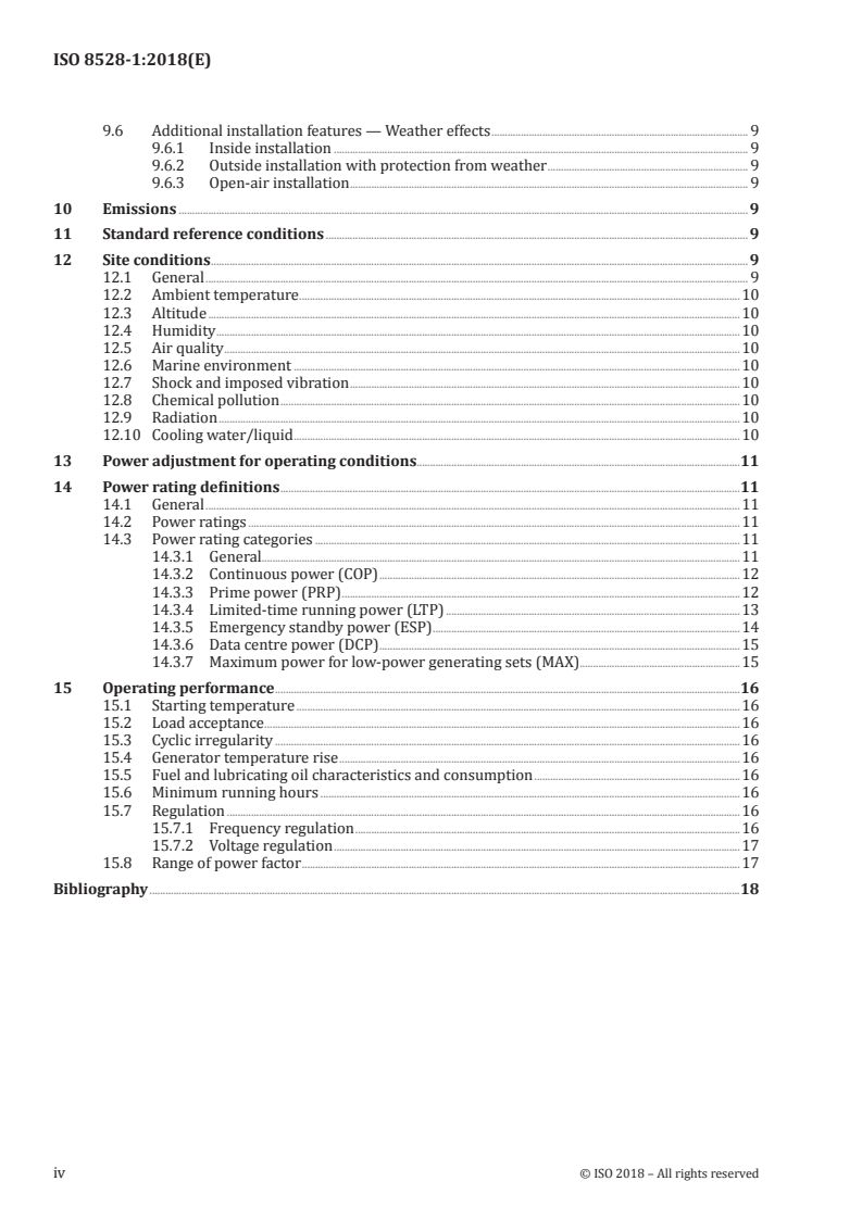 ISO 8528-1:2018 ISO 8528-1:2018 - Reciprocating internal combustion engine driven alternating current generating sets — Part 1: Application, ratings and performance/2/2018 - Page 4 preview